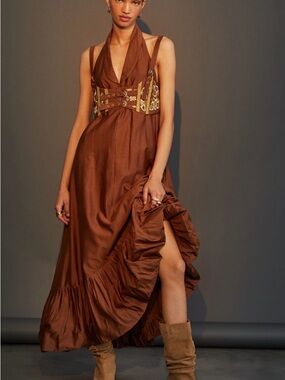 Brown Halter Maxi Dress with Embellished detached corset